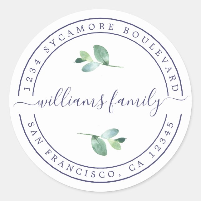 Pegatina Redonda Nombre de familia Calligraphy Foliage Dirección de (Anverso)