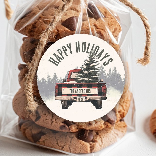 Pegatina Redonda Nombre de familia del Personalizado de camión de N (Make your presents extra special with our retro red plaid Christmas truck gift stickers! Featuring y)