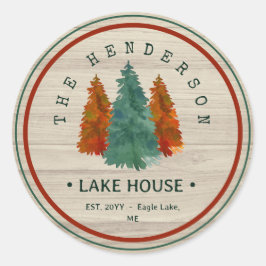 Pegatina Redonda Nombre de familia Lake House Pine Tree wood Person