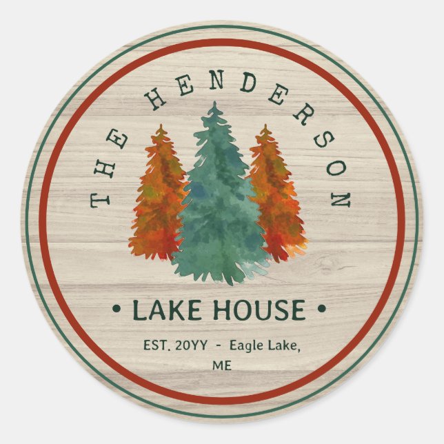 Pegatina Redonda Nombre de familia Lake House Pine Tree wood Person (Anverso)