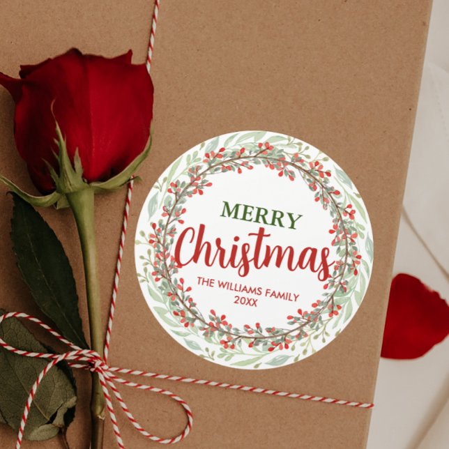 Pegatina Redonda Nombre de familia Merry Christmas Flower Wreath (Family Name Merry Christmas Flower Wreath Classic Round Sticker)