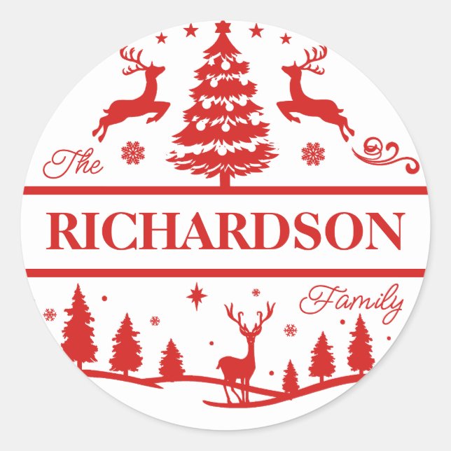 Pegatina Redonda Nombre de familia personalizada de Navidades rojos (Anverso)