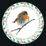 Pegatina Redonda Nombre de familia Robin bird Merry Christmas<br><div class="desc">Pájaro del robo de color de agua,  corona hueca,  guión de navidad de mora,  etiquetas de dirección de retorno. Buen sello para sobres para usar en la correspondencia de sus Navidades. Puede personalizarlo y agregar su propio texto,  nombre y dirección.</div>