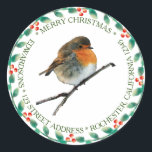 Pegatina Redonda Nombre de familia Robin bird Merry Christmas<br><div class="desc">Pájaro del robo de color de agua,  corona hueca,  guión de navidad de mora,  etiquetas de dirección de retorno. Buen sello para sobres para usar en la correspondencia de sus Navidades. Puede personalizarlo y agregar su propio texto,  nombre y dirección.</div>