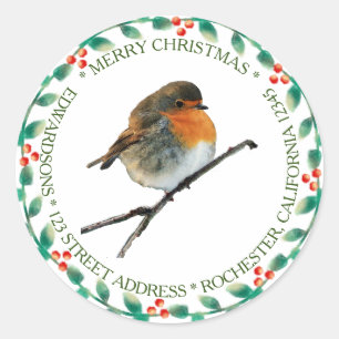 Pegatina Redonda Nombre de familia Robin bird Merry Christmas