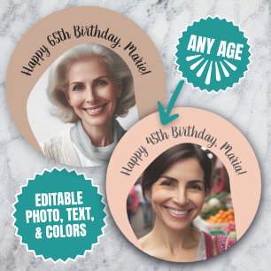 Pegatina Redonda Nombre de foto de cumpleaños personalizado Cualqui