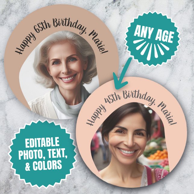 Pegatina Redonda Nombre de foto de cumpleaños personalizado Cualqui (Personalized Birthday Photo Name Any Age Custom Classic Round Sticker)