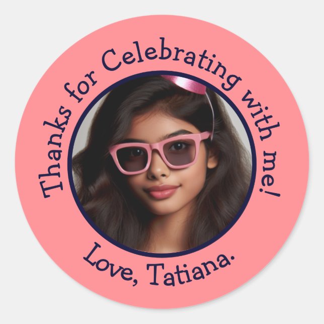 Pegatina Redonda Nombre de foto personalizado Cumpleaños Gracias a  (Anverso)
