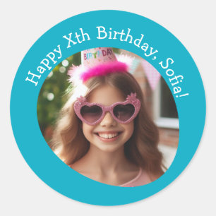Pegatina Redonda Nombre de foto personalizado y cumpleaños feliz de