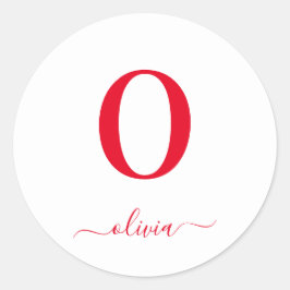 Pegatina Redonda Nombre De Guión Monograma Blanco Y Rojo Personaliz