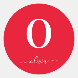 Pegatina Redonda Nombre De Guión Monograma Personalizado Rojo Y Bla