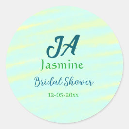 Pegatina Redonda Nombre de la ducha de novia acuarela pastel azul v
