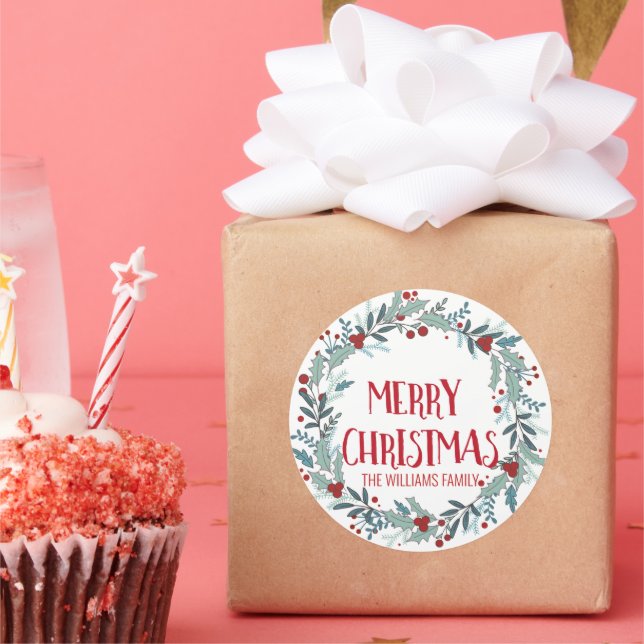 Pegatina Redonda Nombre de la familia de flores de navidad de merry (Fiesta)