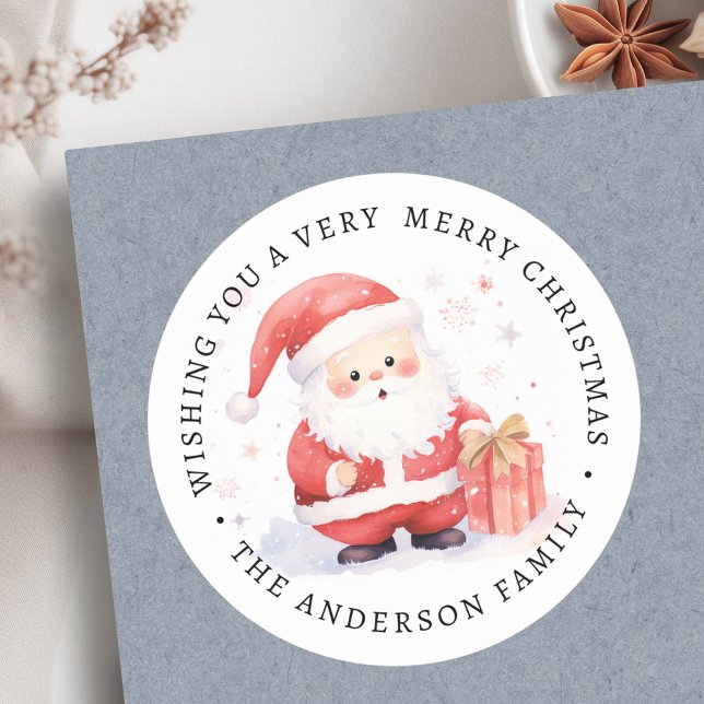 Pegatina Redonda Nombre de la familia del ilustracion Cute Santa ac (Cute Santa watercolor illustration family name Classic Round Sticker)