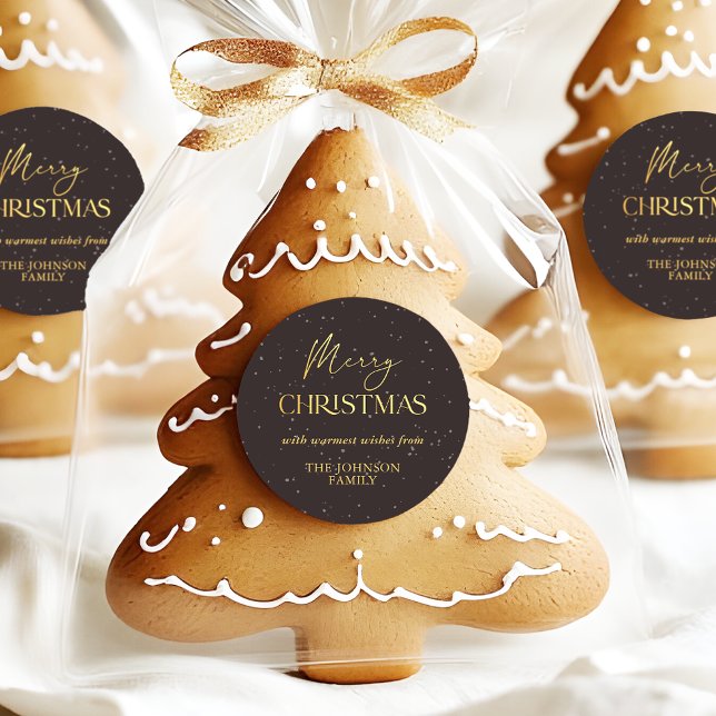 Pegatina Redonda Nombre de la familia moderna Black and Gold Merry  (Elegant 'Merry Christmas' black with gold effect writing and a snow confetti background)