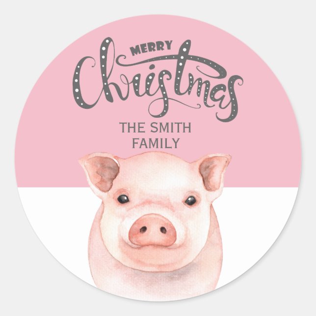 Pegatina Redonda Nombre de la familia Pink White Pig Merry Christma (Anverso)
