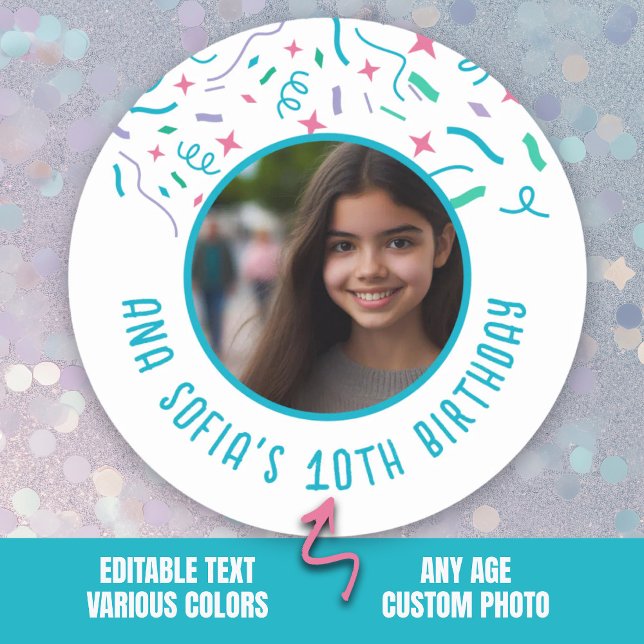 Pegatina Redonda Nombre de la foto del personalizado Cualquier cump (Custom Photo Name Any Age Confetti Birthday Classic Round Sticker.)