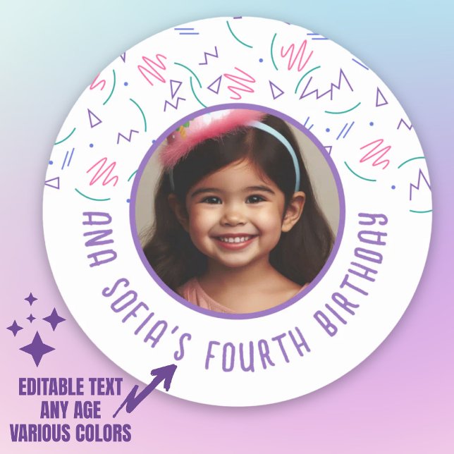 Pegatina Redonda Nombre de la foto del personalizado Cualquier patr (Custom Photo Name Any Age Birthday 90s Pattern Classic Round Sticker.)