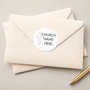 Pegatina Redonda Nombre de la iglesia con cristiano cruzado