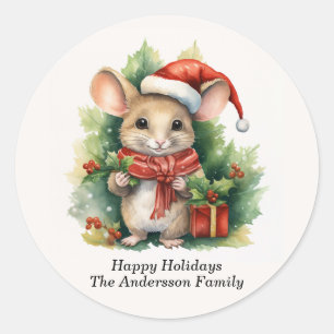 Pegatina Redonda Nombre de las vacaciones felices de Santa Hat del 