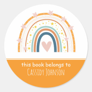 Pegatina Redonda Nombre de los niños arcoiris blancos y naranjas