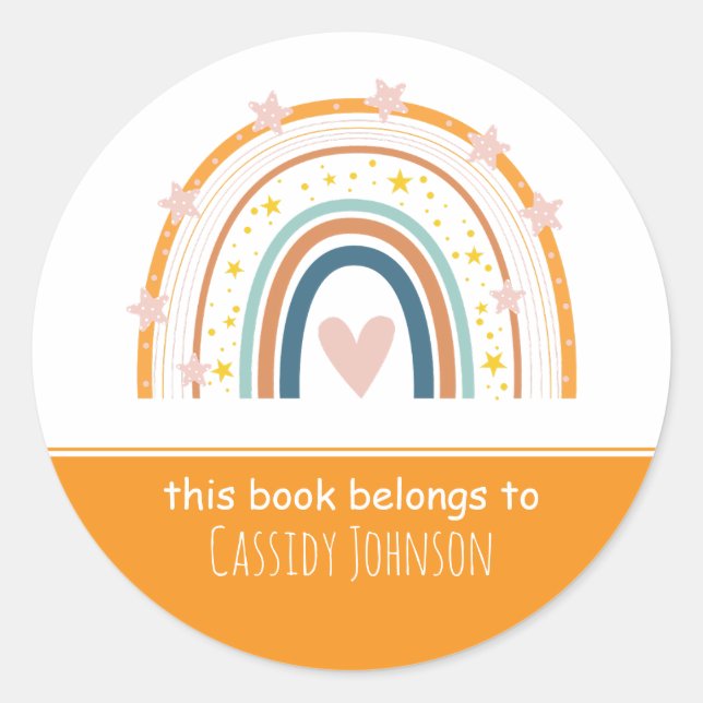 Pegatina Redonda Nombre de los niños arcoiris blancos y naranjas (Anverso)