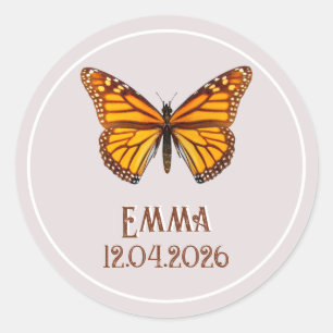 Pegatina Redonda Nombre de mariposa monarca personalizada Arte de f