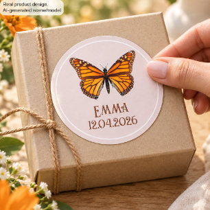Pegatina Redonda Nombre de mariposa monarca personalizada Arte de f