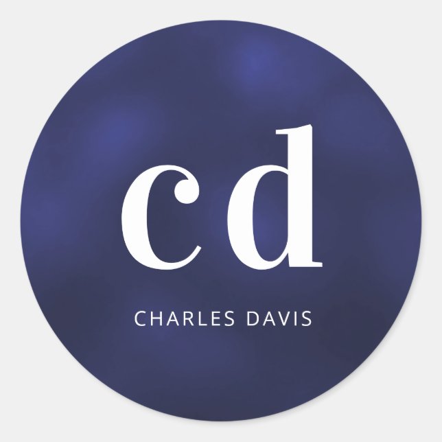 Pegatina Redonda Nombre de monograma blanco azul marino (Anverso)