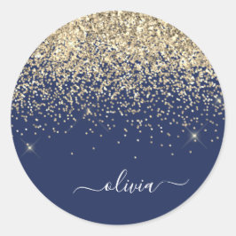 Pegatina Redonda Nombre de monograma brillo purpurina azul marino n