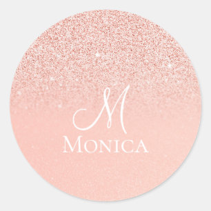 Pegatina Redonda Nombre de monograma con brillo rosa moderno