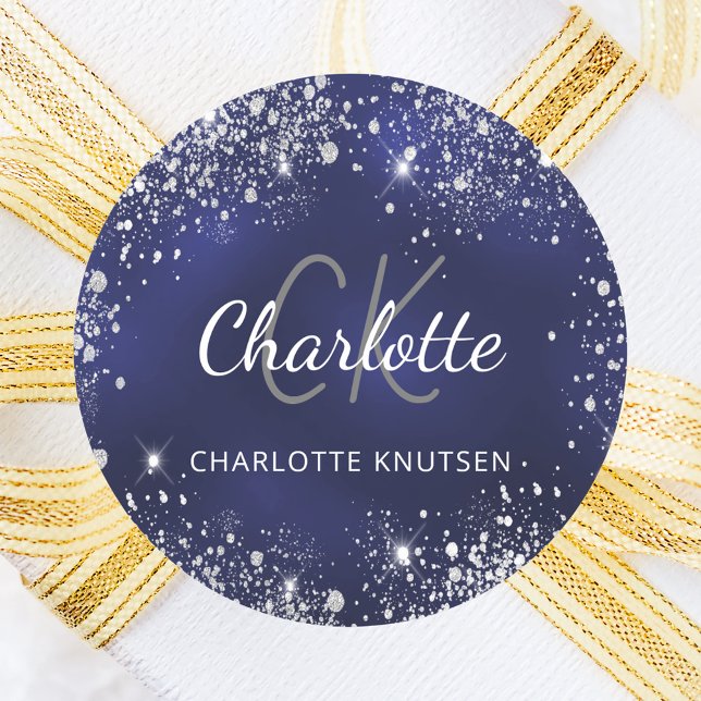 Pegatina Redonda Nombre de monograma con polvo de brillo plateado a (Subido por el creador)