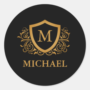 Pegatina Redonda Nombre de monograma de estilo personalizado en neg