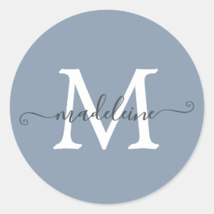 Pegatina Redonda Nombre de monograma de guión personalizado Azul po