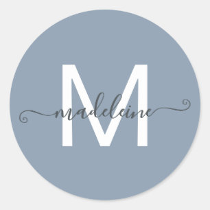 Pegatina Redonda Nombre de monograma de guión personalizado Azul po
