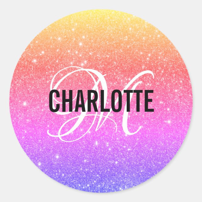 Pegatina Redonda Nombre de monograma del Purpurina arcoiris (Anverso)
