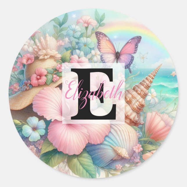 Pegatina Redonda Nombre de monograma en acuarela Flores marinas con (Anverso)
