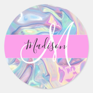 Pegatina Redonda Nombre de monograma holográfico iridiscente rosa f
