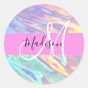 Pegatina Redonda Nombre de monograma holográfico iridiscente rosa f