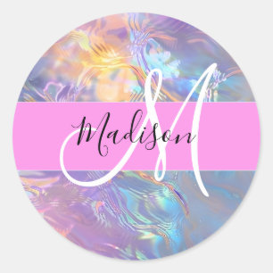 Pegatina Redonda Nombre de monograma holográfico iridiscente rosa f