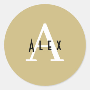 Pegatina Redonda Nombre de monograma moderno preppy de Tan + inicia