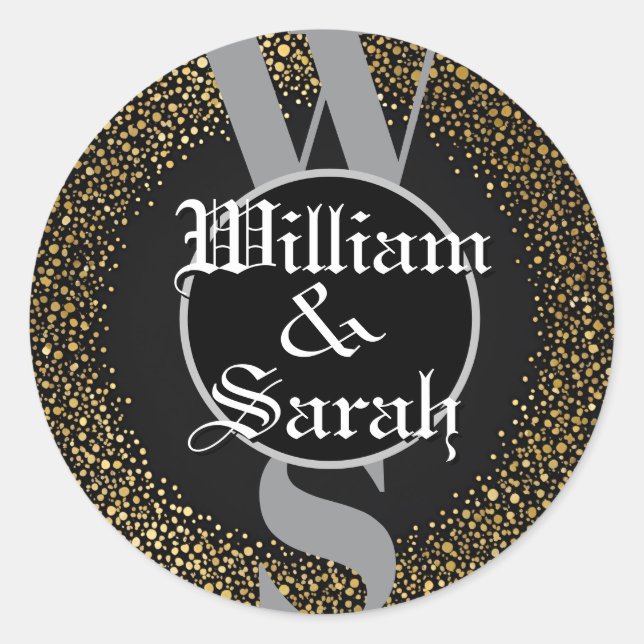 Pegatina Redonda nombre de monograma personalizado dorado negro gri (Anverso)