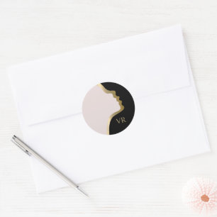 Pegatina Redonda Nombre de Monograma Rosa Black Y Gold Face