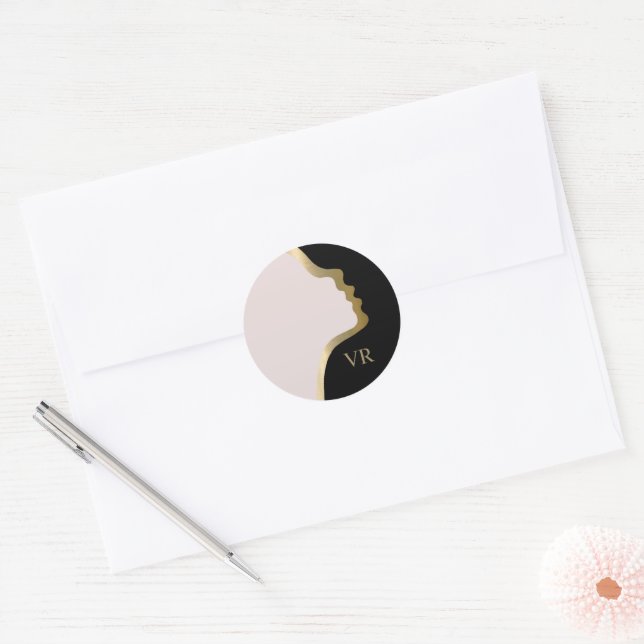 Pegatina Redonda Nombre de Monograma Rosa Black Y Gold Face (Sobre)