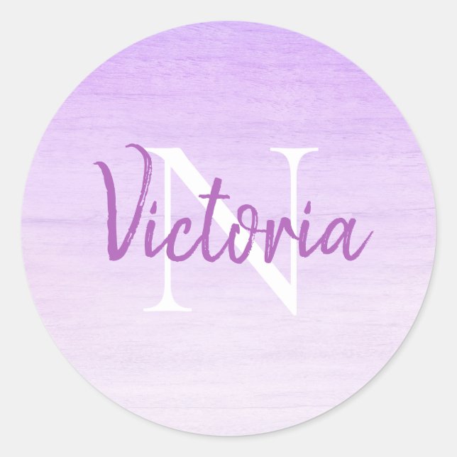Pegatina Redonda Nombre de monograma Script Purple (Anverso)