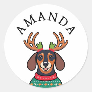 Pegatina Redonda Nombre de Navidades de Dachshund Negro festivo
