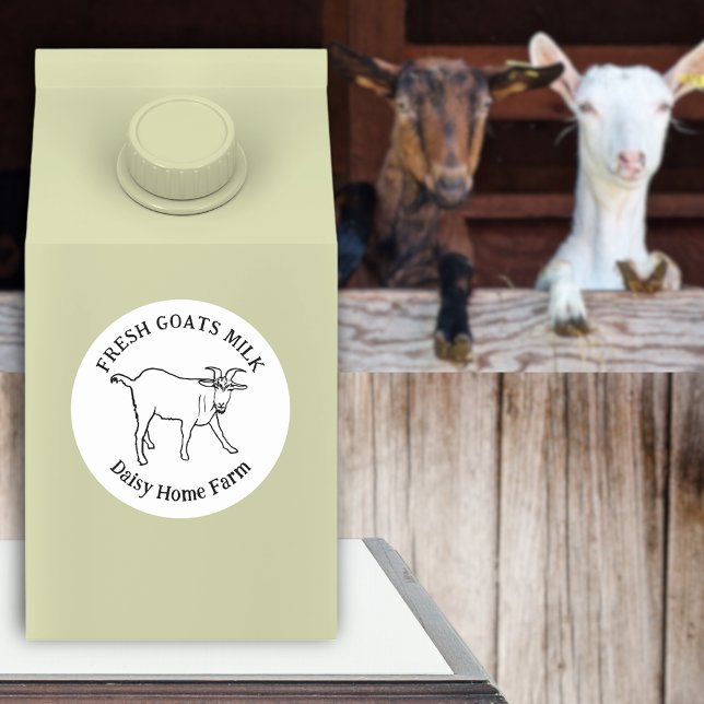 Pegatina Redonda Nombre de negocio de leche de cabra (Fresh goats milk business name black and white sticker simple goat drawing custom typography label)