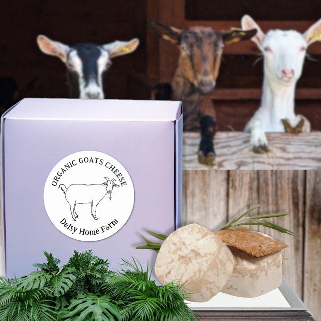 Pegatina Redonda Nombre de Negocio de Queso de Cabra Simple Blanco  (Goats cheese custom business name black and white simple farm produce label cute goat line drawing )