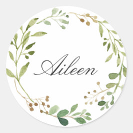 Pegatina Redonda Nombre de personalización de Wreath de verde
