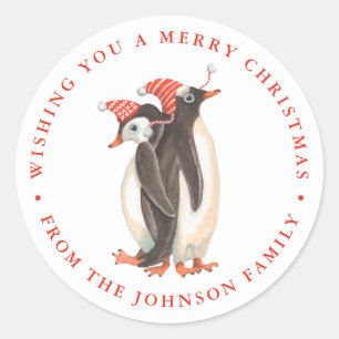 Pegatina Redonda Nombre de vacaciones de Navidad de pingüino lindo
